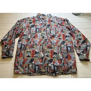 Vtg 90s Mod Thai Silk Red Tribal Geometric Print Button Up LS Shirt Men XL Retro